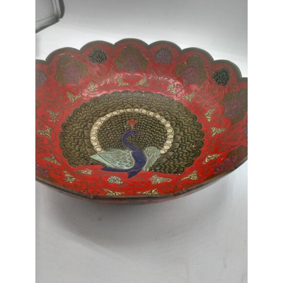 Handcrafted Red & Gold Brass Decorative Bowl With Peacock Design - Picture 4 of 6